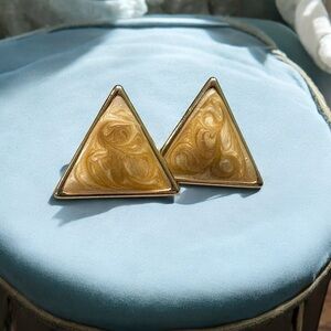 Vintage Marbled Enamel Gold Tone Triangle Earrings